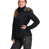 Obermeyer Women's Tuscany Elite Insulated Jacket 2025 - A black jacket with a fur-lined hood and zippered pockets.
