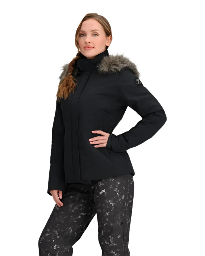 Obermeyer Women's Tuscany Elite Insulated Jacket 2025 - A black jacket with a fur-lined hood and zippered pockets.