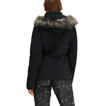 Obermeyer Women's Tuscany Elite Insulated Jacket 2025 - A black insulated jacket with a fur-lined hood and zippered pockets.