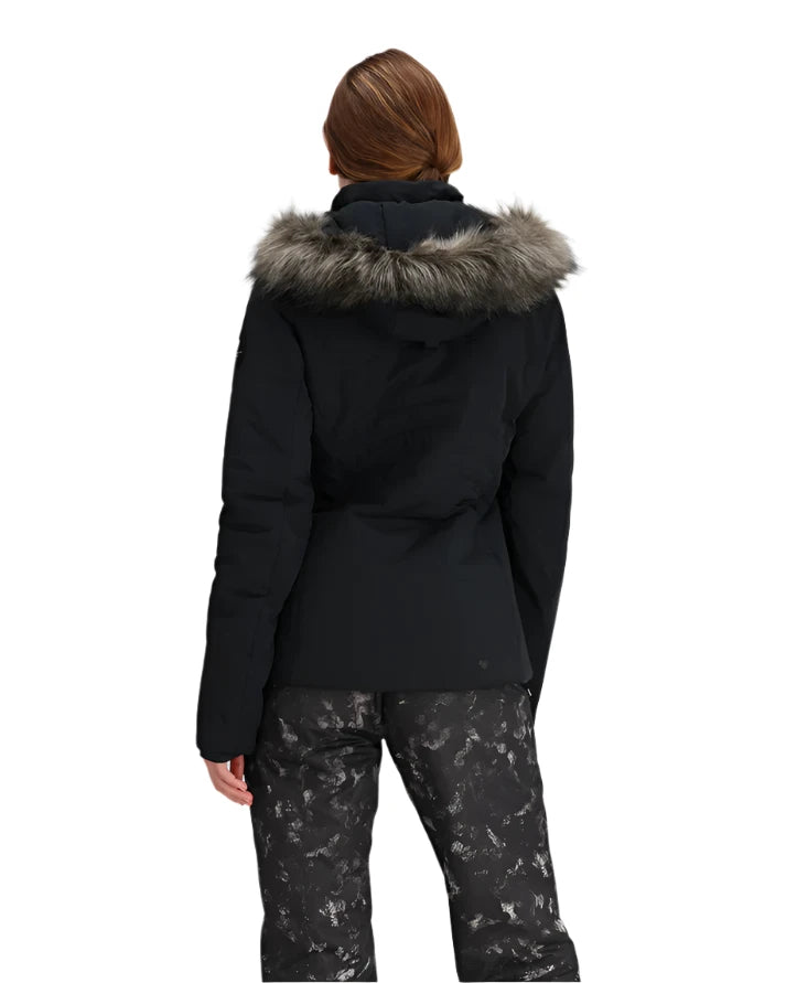 Obermeyer Women's Tuscany Elite Insulated Jacket 2025 - A black insulated jacket with a fur-lined hood and zippered pockets.
