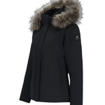 Obermeyer Women's Tuscany Elite Insulated Jacket 2025 - A black insulated jacket with a fur-lined hood and zippered pockets.