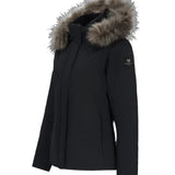 Obermeyer Women's Tuscany Elite Insulated Jacket 2025 - A black insulated jacket with a fur-lined hood and zippered pockets.