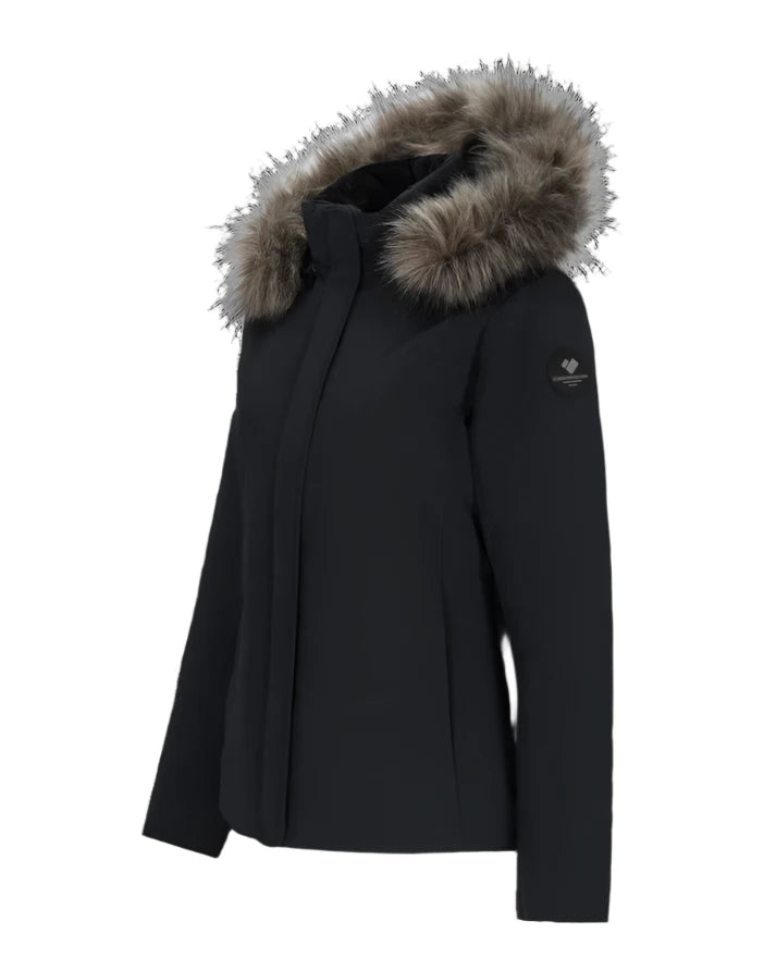 Obermeyer Women's Tuscany Elite Insulated Jacket 2025 - A black insulated jacket with a fur-lined hood and zippered pockets.