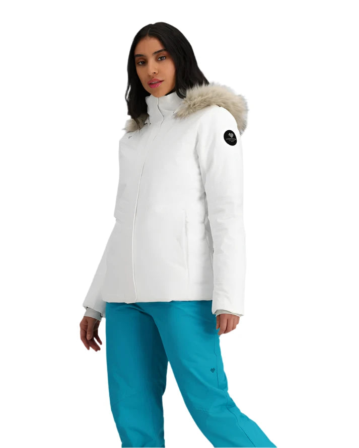 Obermeyer Women's Tuscany Elite Insulated Jacket 2025 - A white down-filled puffer jacket with a fur-lined hood and zippered pockets.
