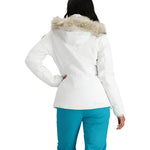 Obermeyer Women's Tuscany Elite Insulated Jacket 2025 - A white jacket with a fur-lined hood and black accents on the shoulder.