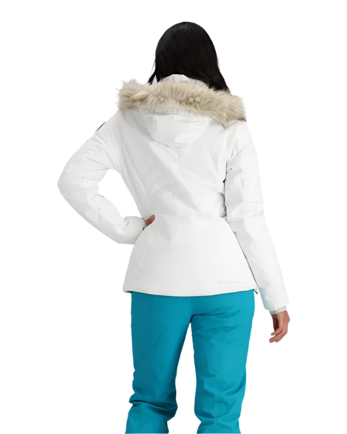 Obermeyer Women's Tuscany Elite Insulated Jacket 2025 - A white jacket with a fur-lined hood and black accents on the shoulder.
