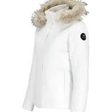 Obermeyer Women's Tuscany Elite Insulated Jacket 2025 - A white down-filled puffer jacket with a fur-trimmed hood and zippered pockets.