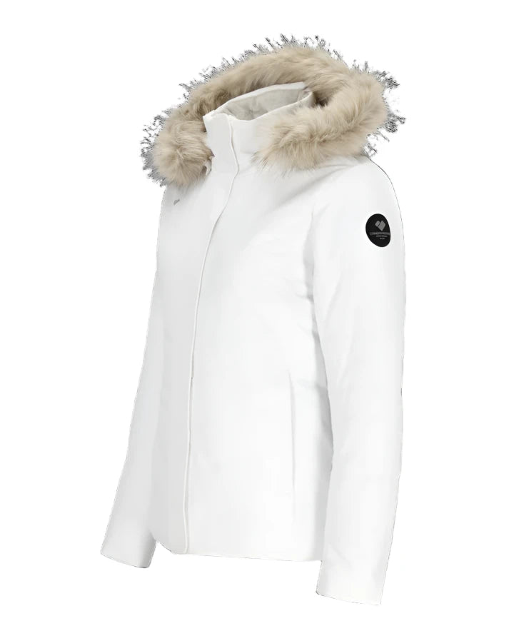 Obermeyer Women's Tuscany Elite Insulated Jacket 2025 - A white down-filled puffer jacket with a fur-trimmed hood and zippered pockets.