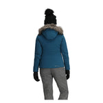 Obermeyer Women's Tuscany Elite Insulated Jacket 2025 - A blue down-filled puffer jacket with a fur-lined hood and zippered pockets.