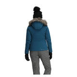 Obermeyer Women's Tuscany Elite Insulated Jacket 2025 - A blue down-filled puffer jacket with a fur-lined hood and zippered pockets.