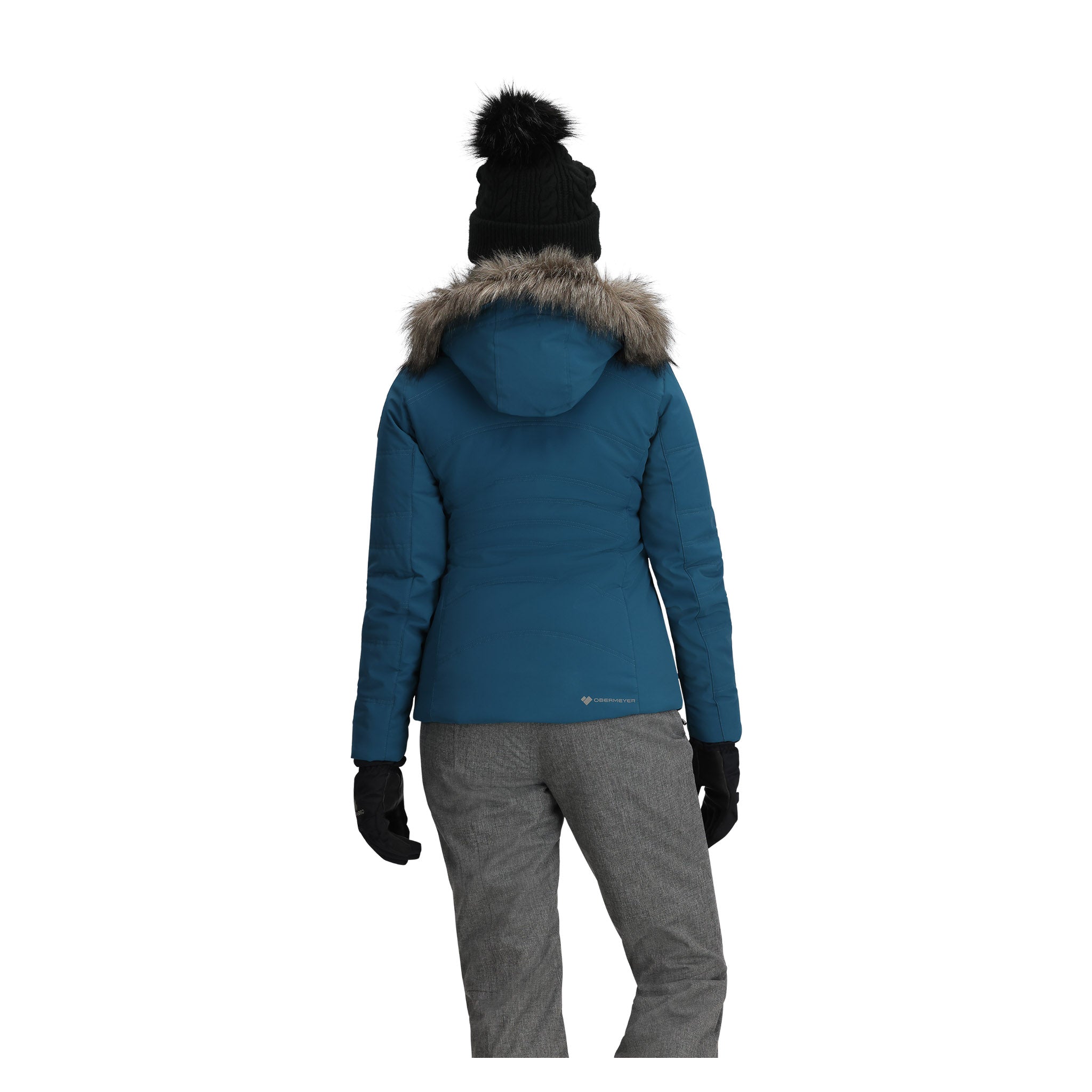 Obermeyer Women's Tuscany Elite Insulated Jacket 2025 - A blue down-filled puffer jacket with a fur-lined hood and zippered pockets.