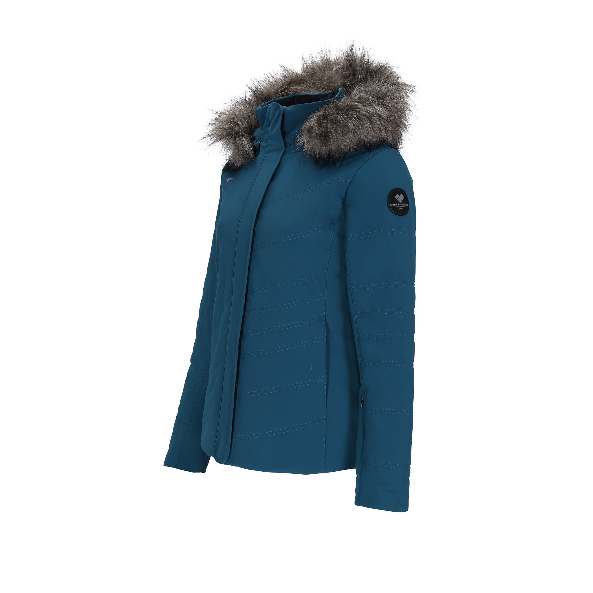 Obermeyer Women's Tuscany Elite Insulated Jacket 2025 - A dark teal jacket with a fur-lined hood and zippered pockets.