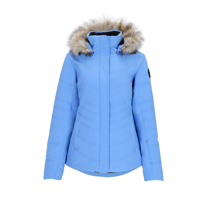 Obermeyer Women's Tuscany Elite Insulated Jacket 2025 with fur hood- Mosaic Blue, Sky Blue - Front