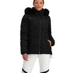Obermeyer Women's Circe Down Jacket - A black down jacket with a fur-lined hood and zippered pockets.