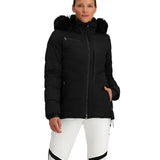 Obermeyer Women's Circe Down Jacket - A black down jacket with a fur-lined hood and zippered pockets.