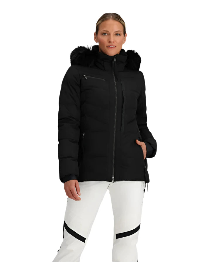Obermeyer Women's Circe Down Jacket - A black down jacket with a fur-lined hood and zippered pockets.