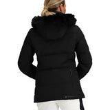 Obermeyer Women's Circe Down Jacket 2025 - A black down jacket with a fur-lined hood and zippered pockets.