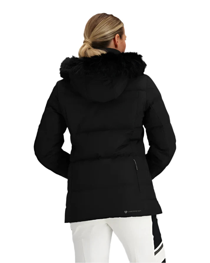 Obermeyer Women's Circe Down Jacket 2025 - A black down jacket with a fur-lined hood and zippered pockets.