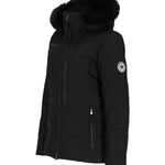 Obermeyer Women's Circe Down Jacket - A black down-filled jacket with a fur-lined hood and two zippered pockets on either side of the waist.
