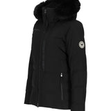 Obermeyer Women's Circe Down Jacket - A black down-filled jacket with a fur-lined hood and two zippered pockets on either side of the waist.