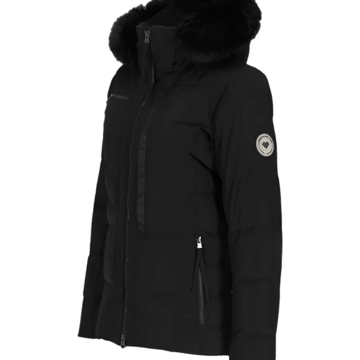 Obermeyer Women's Circe Down Jacket - A black down-filled jacket with a fur-lined hood and two zippered pockets on either side of the waist.