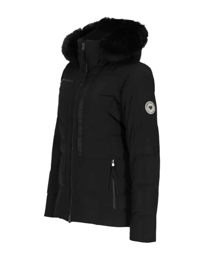 Obermeyer Women's Circe Down Jacket - A black down-filled jacket with a fur-lined hood and two zippered pockets on either side of the waist.