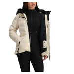 Obermeyer Women's Circe Down Jacket - A cream-colored down jacket with a black zipper and two zippered pockets on either side.