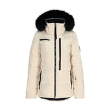 Obermeyer Women's Circe Down Jacket 2025 - A cream-colored down jacket with a black zipper and two zippered pockets on either side.