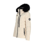 Obermeyer Women's Circe Down Jacket - A cream-colored down jacket with a black zipper and two zippered pockets on either side of the waist.