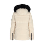 Obermeyer Women's Circe Down Jacket 2025 - A cream-colored down jacket with a black faux fur-lined hood and zippered pockets.