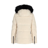 Obermeyer Women's Circe Down Jacket 2025 - A cream-colored down jacket with a black faux fur-lined hood and zippered pockets.
