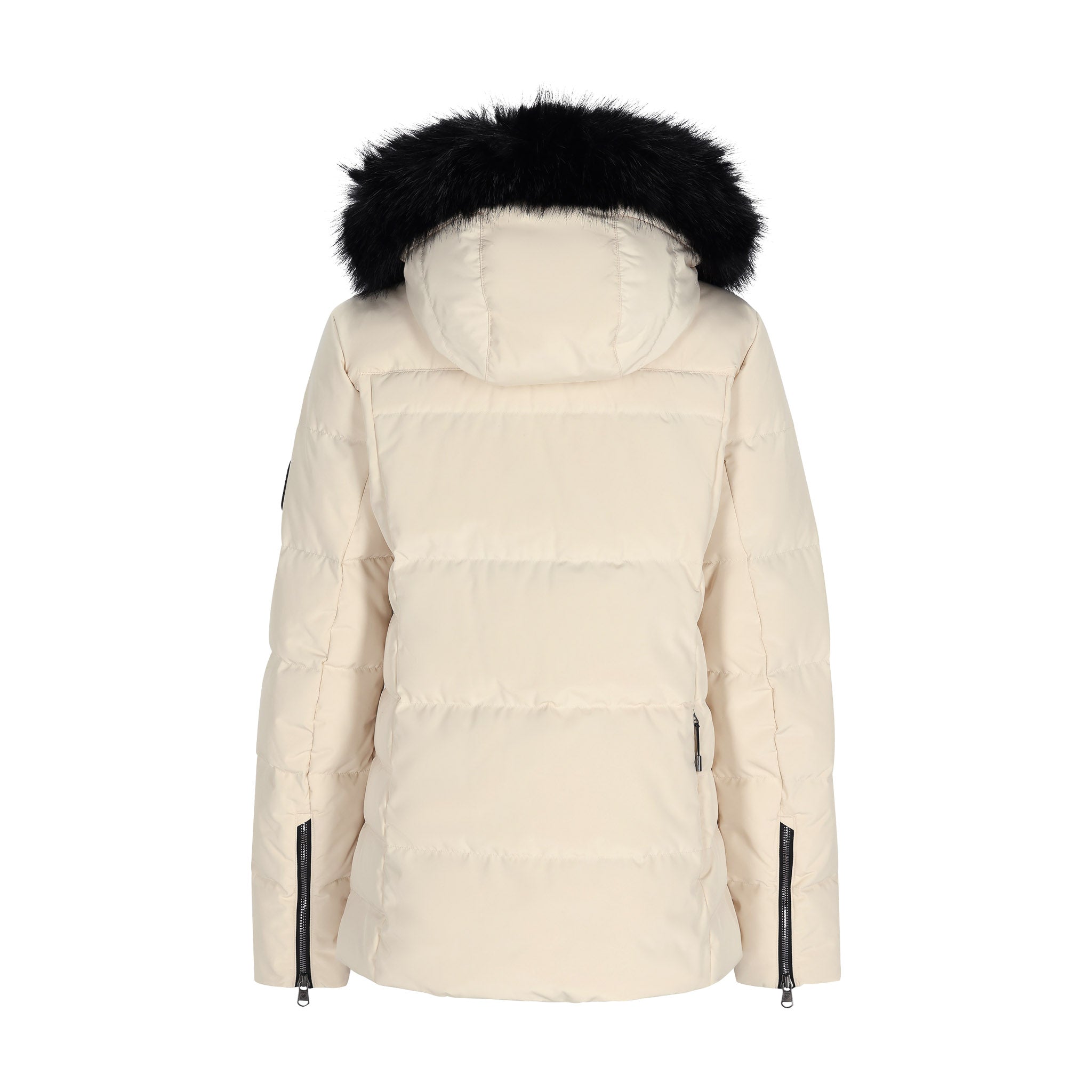 Obermeyer Women's Circe Down Jacket 2025 - A cream-colored down jacket with a black faux fur-lined hood and zippered pockets.