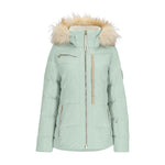 Obermeyer Women's Circe Down Jacket 2025 - A mint green down jacket with a cream-colored faux fur trim around the hood.