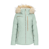 Obermeyer Women's Circe Down Jacket 2025 - A mint green down jacket with a cream-colored faux fur trim around the hood.