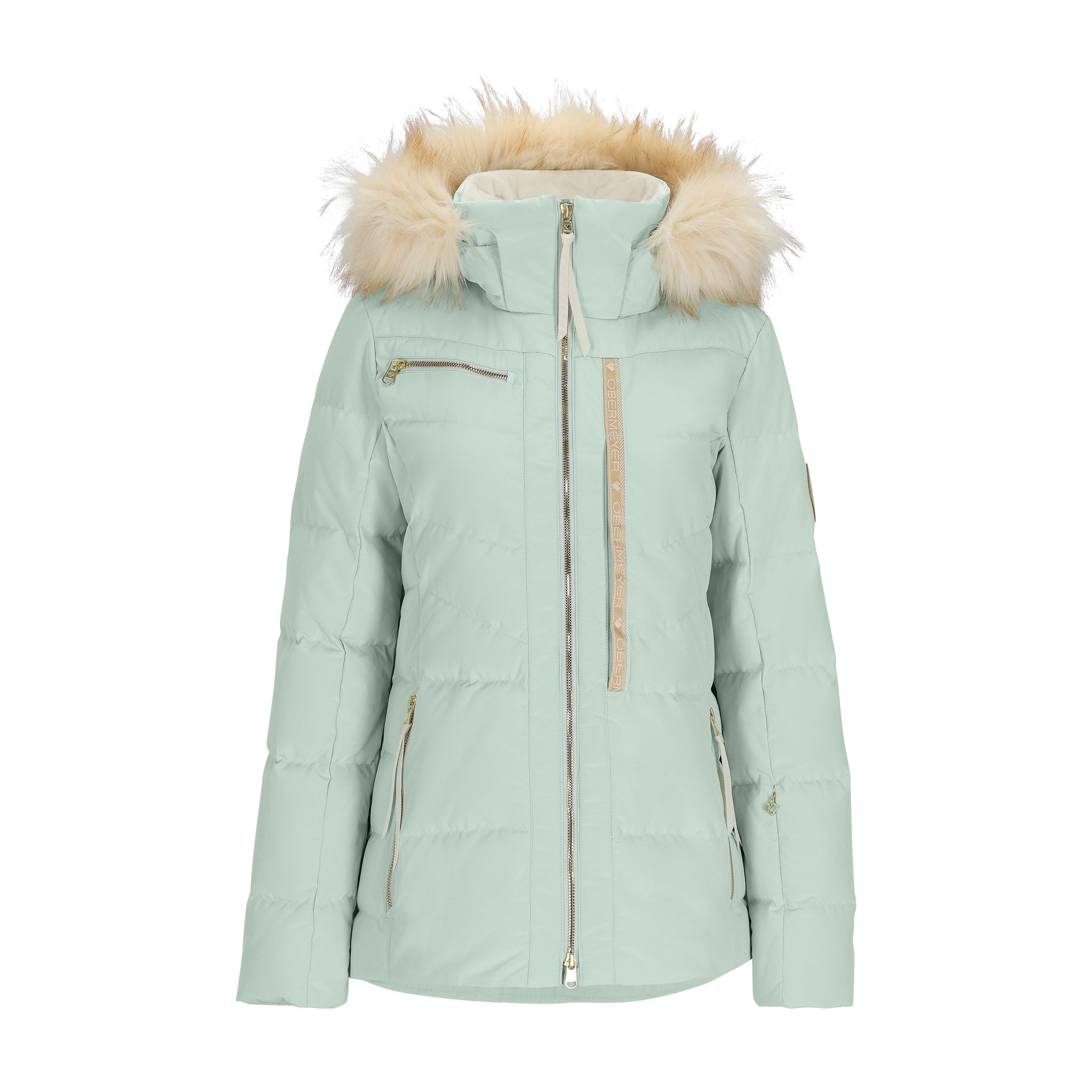 Obermeyer Women's Circe Down Jacket 2025 - A mint green down jacket with a cream-colored faux fur trim around the hood.