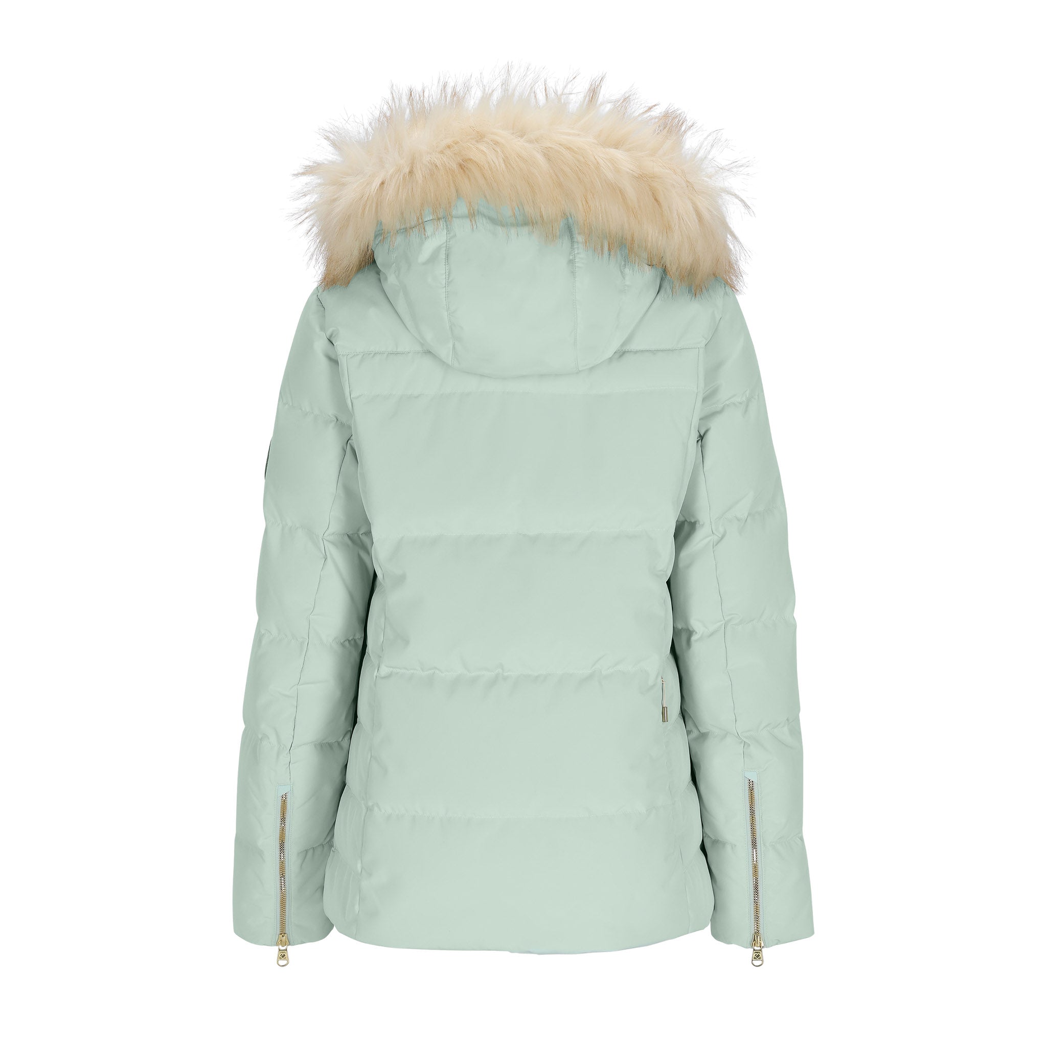 Obermeyer Women's Circe Down Jacket 2025 - A mint green down jacket with a cream-colored faux fur trim around the hood.