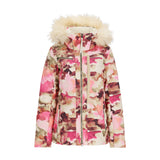 Obermeyer Women's Circe Down Jacket 2025 - A cream-colored down jacket with a watercolor-style floral pattern in shades of pink, brown, and green.