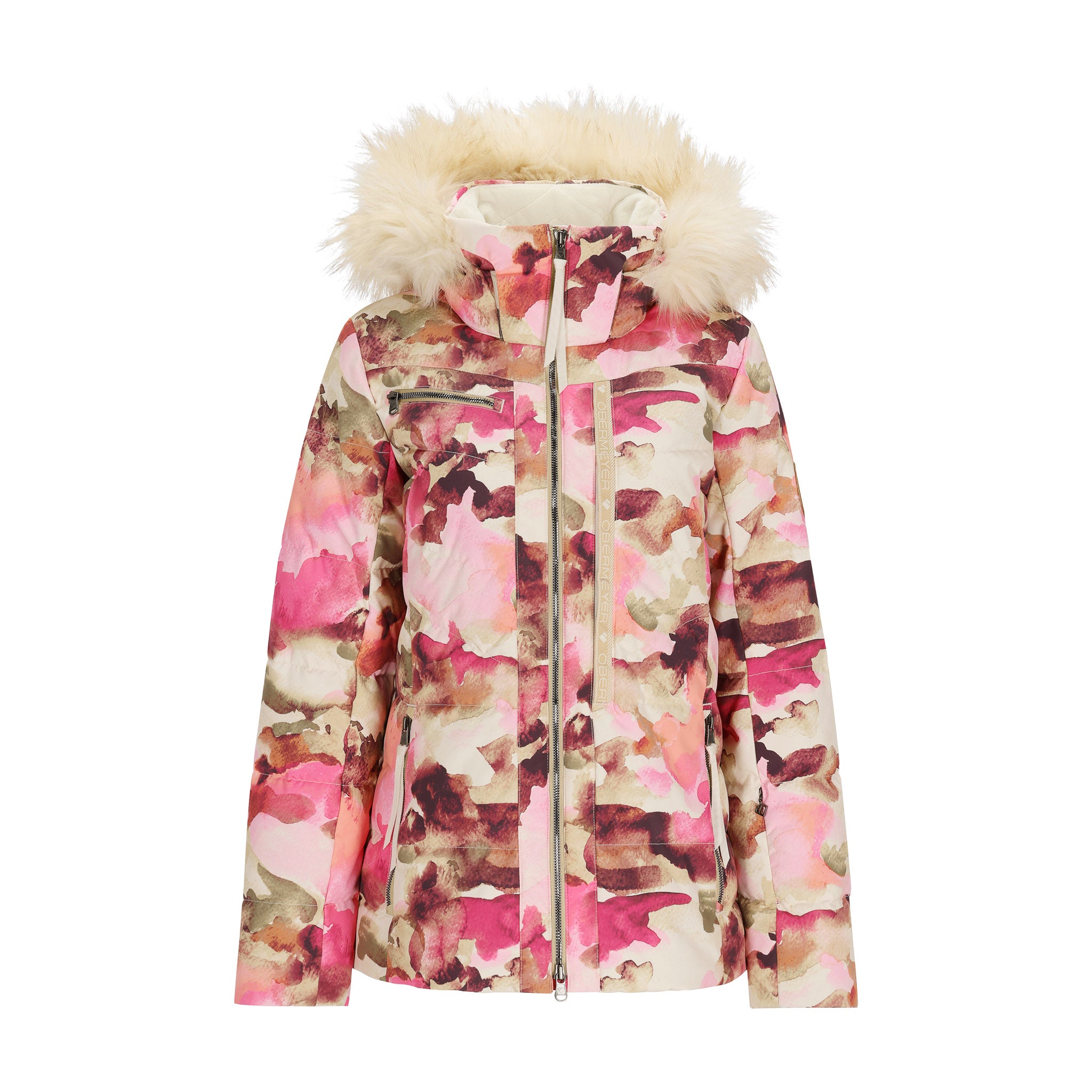 Obermeyer Women's Circe Down Jacket 2025 - A cream-colored down jacket with a watercolor-style floral pattern in shades of pink, brown, and green.