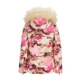 Obermeyer Women's Circe Down Jacket 2025 - A cream-colored down jacket with a watercolor-style floral pattern in shades of pink and brown, featuring a fur-lined hood.