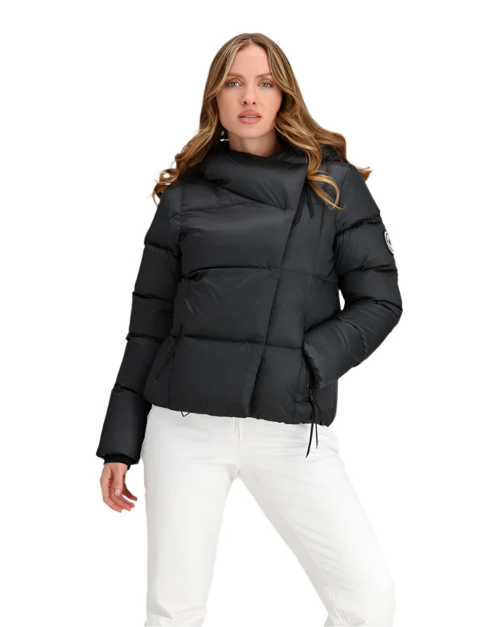 Obermeyer Women's Calypso Down Jacket 2025 - A black down jacket with a high collar and zippered pockets.