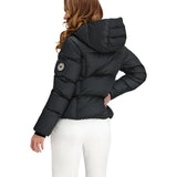 Obermeyer Women's Calypso Down Jacket - A black down jacket with a hood, featuring a white logo on the left sleeve.
