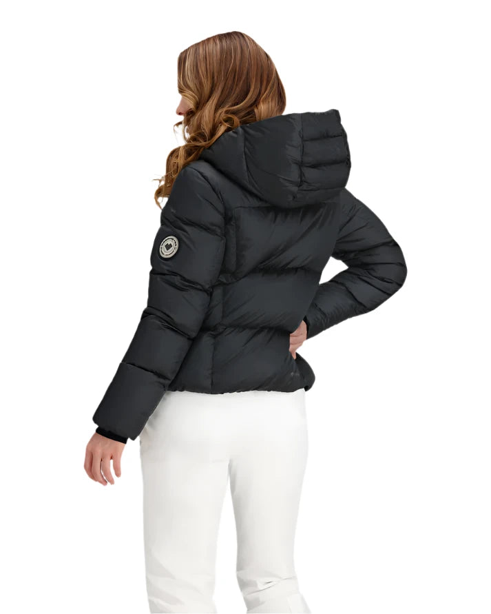Obermeyer Women's Calypso Down Jacket - A black down jacket with a hood, featuring a white logo on the left sleeve.