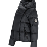 Obermeyer Women's Calypso Down Jacket - A black down jacket with a hood, featuring a zipper closure and two zippered pockets on the front.