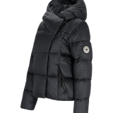 Obermeyer Women's Calypso Down Jacket - A black down jacket with a hood, featuring a zipper closure and two zippered pockets on the front.