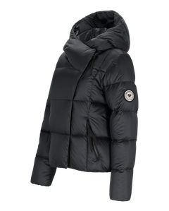 Obermeyer Women's Calypso Down Jacket - A black down jacket with a hood, featuring a zipper closure and two zippered pockets on the front.