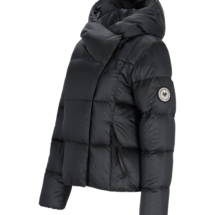 Obermeyer Women's Calypso Down Jacket - A black down jacket with a hood, featuring a zipper closure and two zippered pockets on the front.