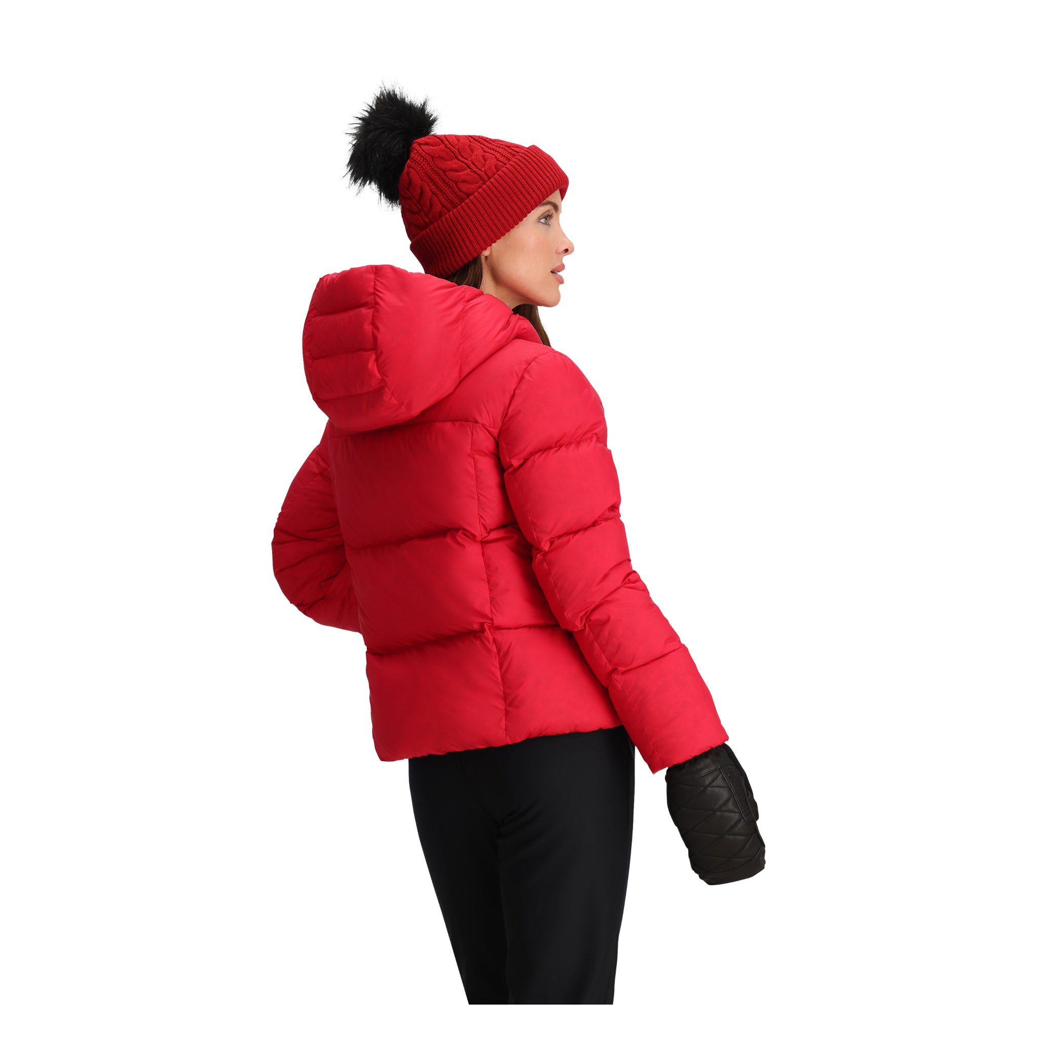 Obermeyer Women's Calypso Down Jacket - A red down jacket with a hood, featuring a zippered front and two side pockets.
