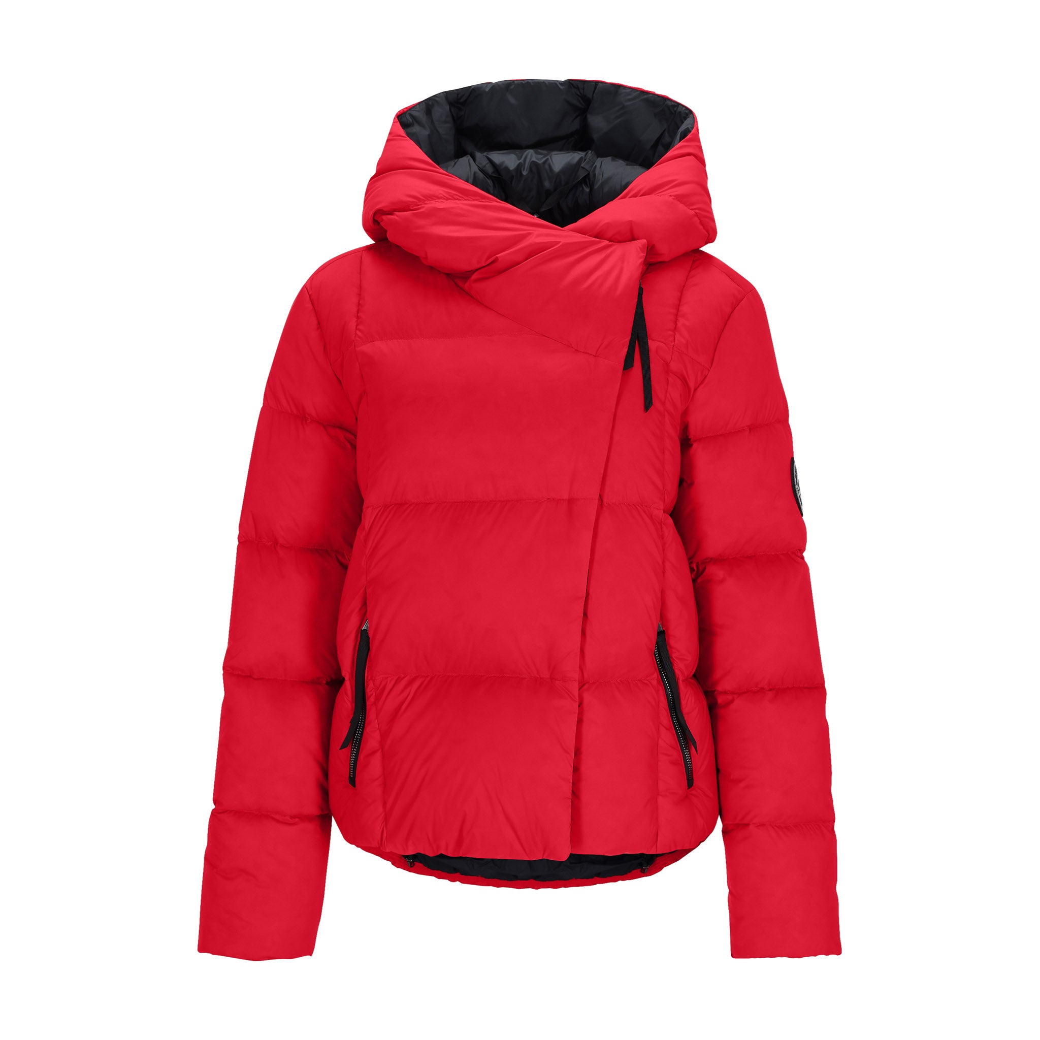 Obermeyer Women's Calypso Down Jacket - A red down jacket with a black zipper and two zippered pockets on either side, featuring a hood and a quilted pattern.