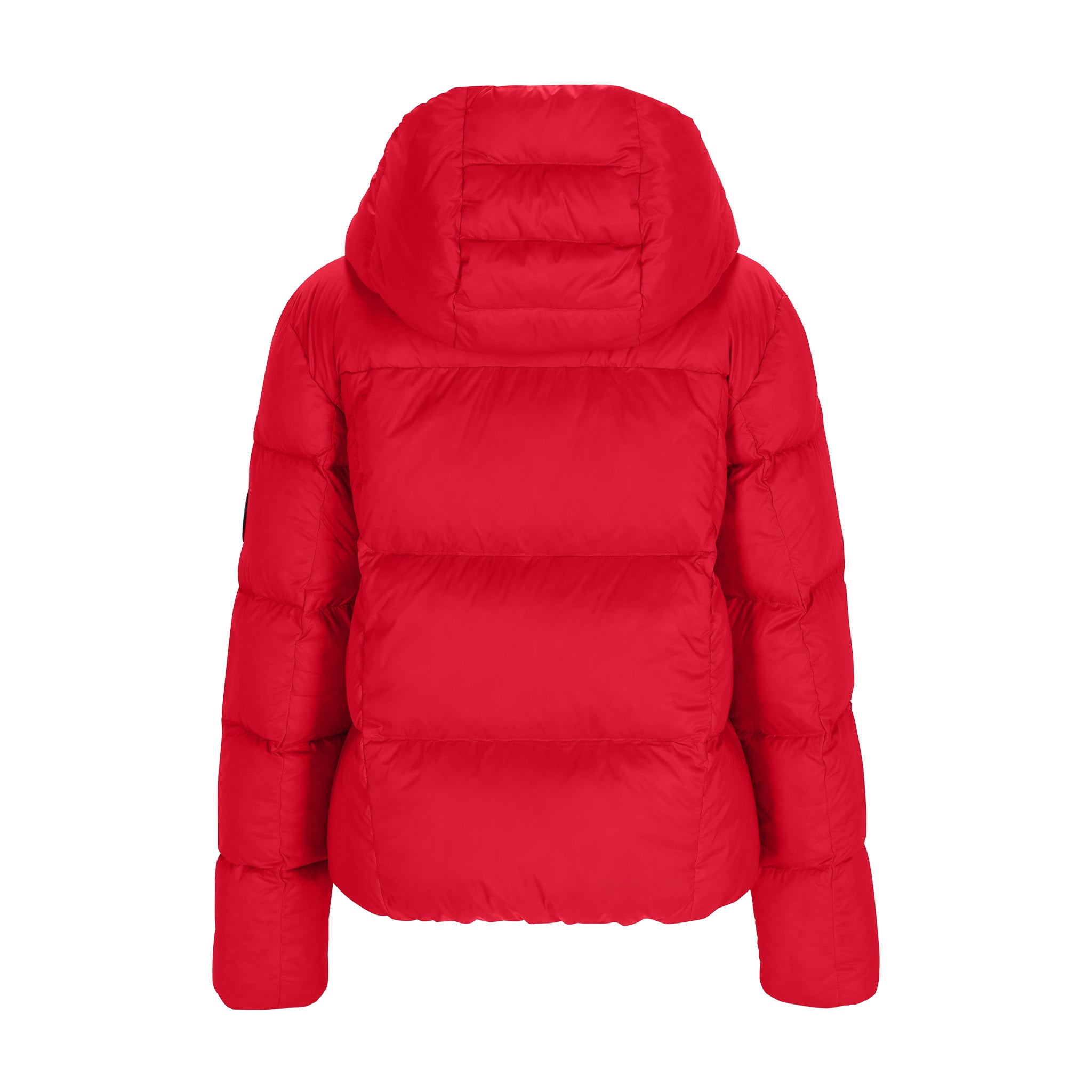 Obermeyer Women's Calypso Down Jacket - A red down jacket with a hood, featuring a black zipper and two zippered pockets on either side.