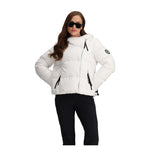 Obermeyer Women's Calypso Down Jacket - A white down jacket with a black zipper and two zippered pockets on either side, worn by a model in front of a plain background.